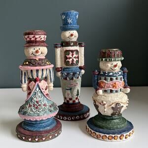 Set of 3 Snowman Family‎ Graduated Resin Hand Carved Painted Candlestick Holders
